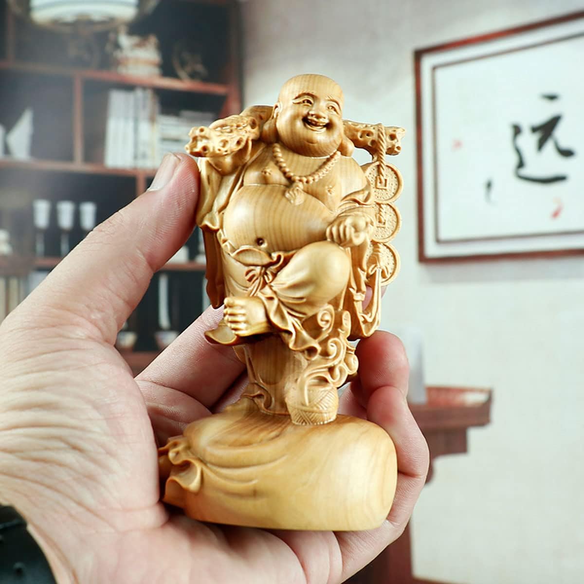 仏像 木彫り 布袋様の置物 ツゲ製高級木彫り 七福神 布袋 様 金運 置物